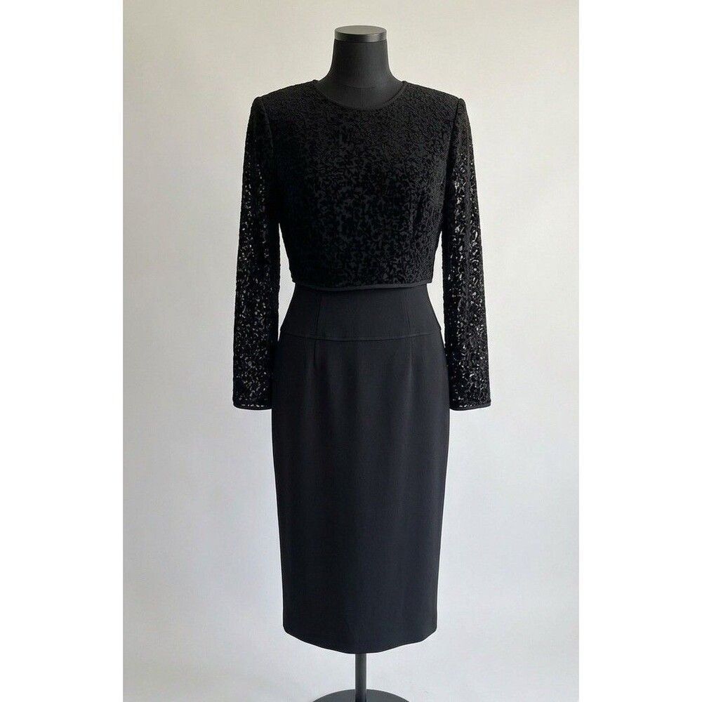Kay Unger Black Velvet Devore Floral Mock Dress Size 10 Long Sleeve Formal Midi - Picture 1 of 7
